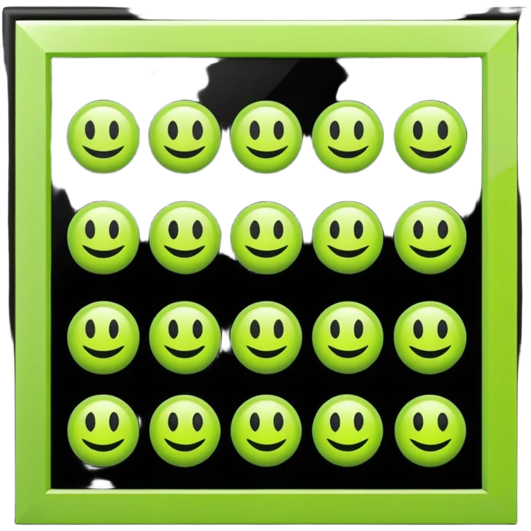 Redraw all icons perfectly centered in square dark gray frames, bright lime green symbols, glossy effect, sharp clean flat design, high contrast, uniform size, pixel-perfect alignment emoji