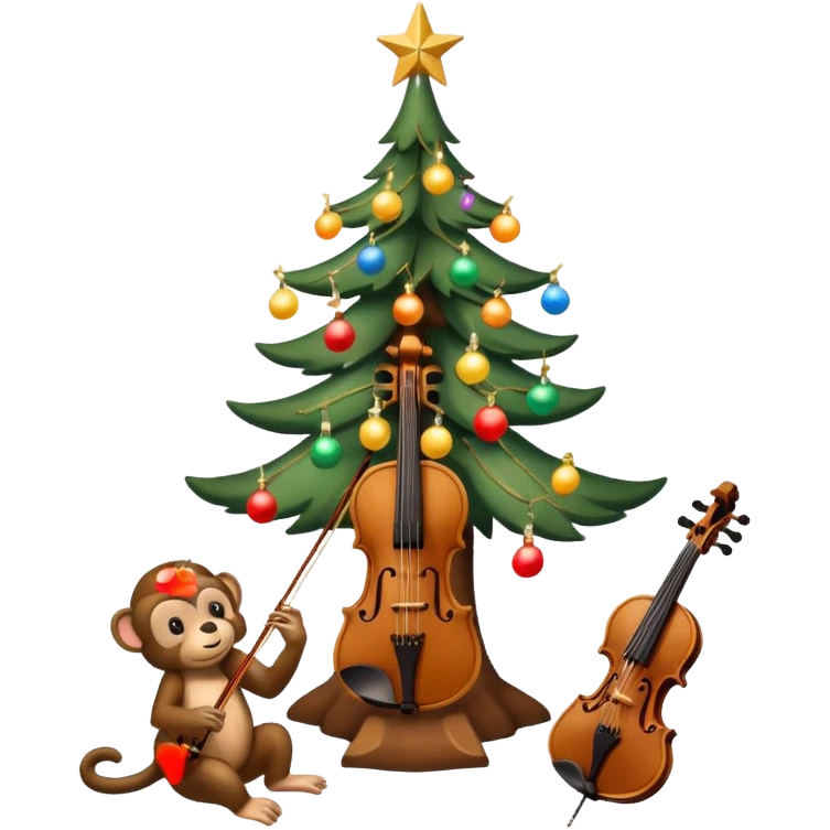sapin de Noël décoré d'une guirlande lumineuse et de boules  avec un violon à la place du tronc et un petit singe perché au sommet en train de mettre l'étoile de Noël emoji