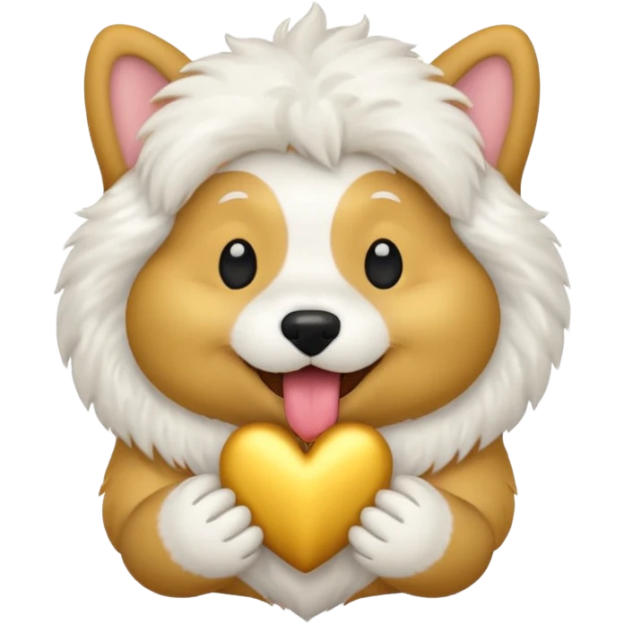 fluffy dog holding a golden heart in its mouth, emoji style emoji