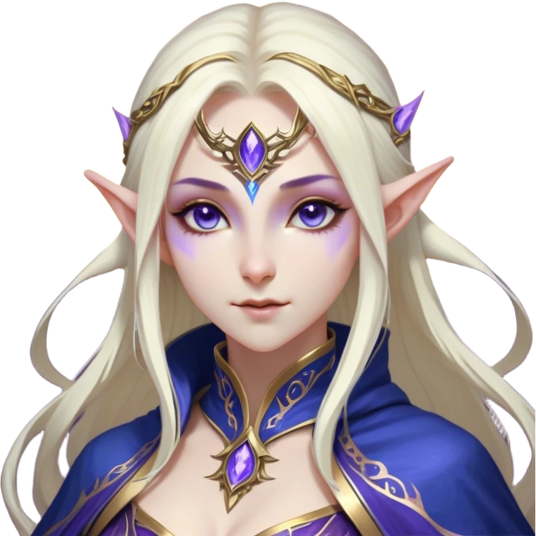 Cinematic Realistic WoW Elf Mage Portrait, head tilted epicly and inquisitively, showcasing a commanding presence and graceful arcane power. Her luminous, porcelain-like skin and delicate features, framed by an intricately detailed robe in deep blues and purples with golden accents, are rendered with lifelike clarity and dramatic, mystical lighting, high shine, epic and awe-inspiring, embodying the timeless magic of an elven mage poised to reshape destiny. emoji