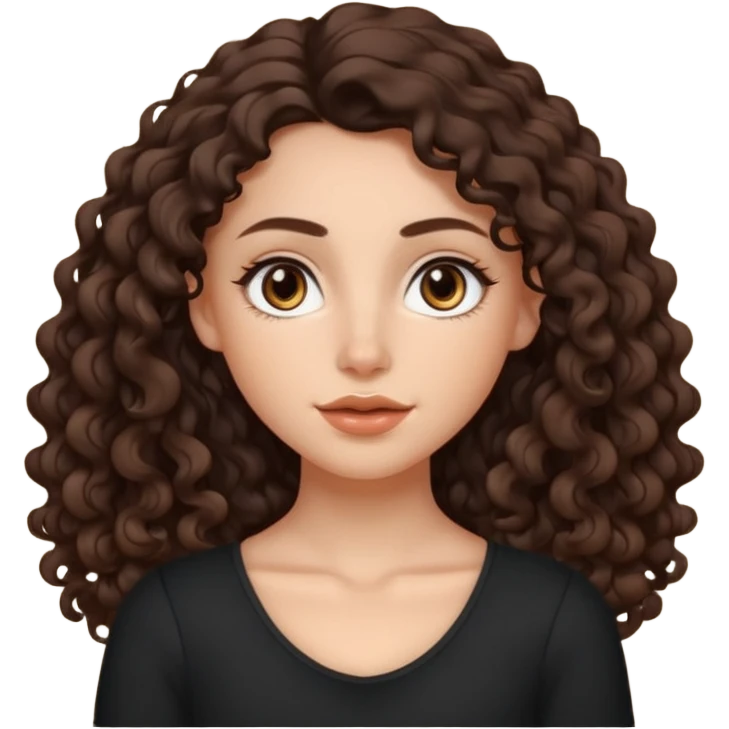 Aesthetic white girl with long curly hair color dark brown, hair most be in front of the shoulders (hair in front of the shoulders, less voluminous). Big almond shape eyes color brown, small wide nose, natural lips, sweet expression. Dressed with a cute tight top color black.  emoji