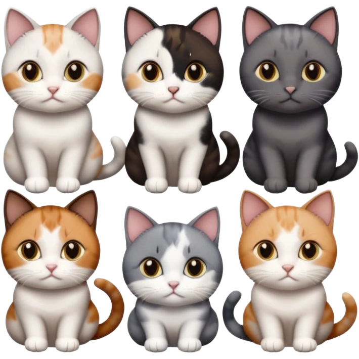 5 different coloured short haired cats including; a dark brown and white cat, and a dark grey and white, and a calico emoji
