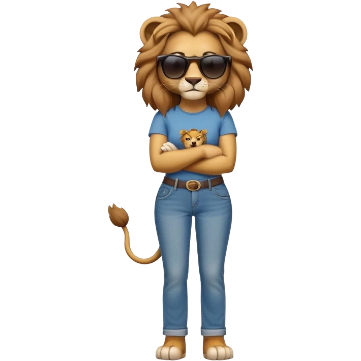 friendly anthropomorphised female lion character, full body, standing confidently with arms folded, wearing jeans, a t-shirt, and dark sunglasses emoji