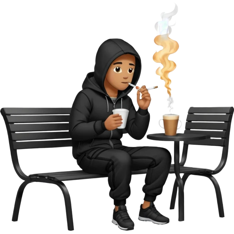 A man sitting on a chair, wearing a black puffed coat with hood and jogging pants, he is smoking a cigaret and drinks a coffee, he is freezing outsider, he is on a chair, the chair is an outside coffe terrasse black metal chair emoji