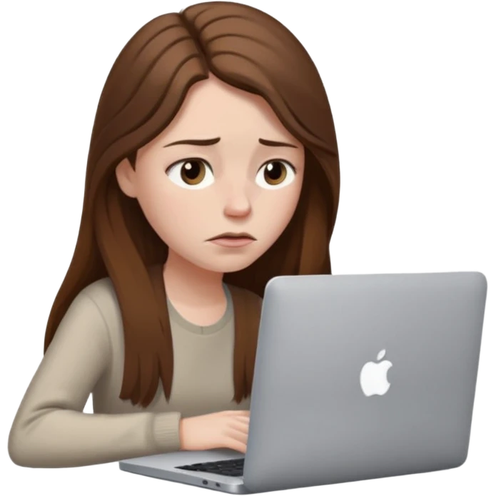 create a woman long hair brown, sitting with her macbook looking tired. looking at her computer, exausted  emoji