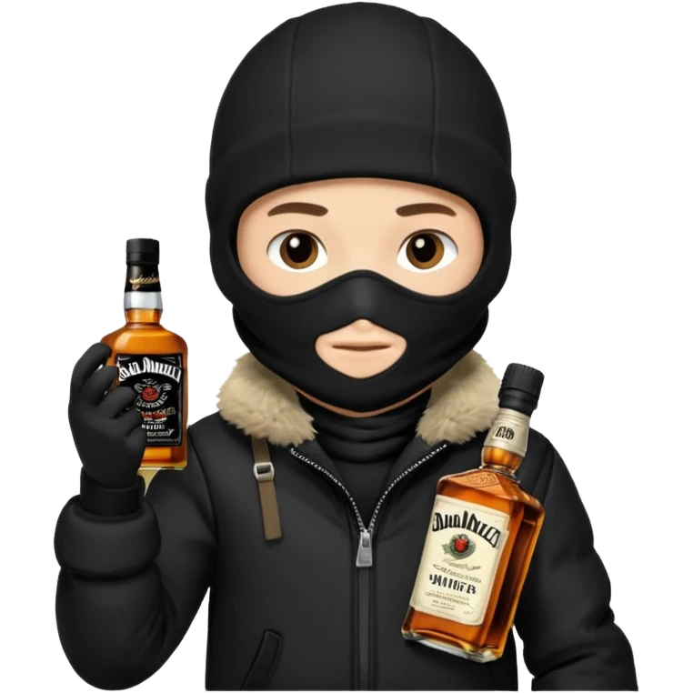 Junge mit Sturmhaube in der Rechten hand eine jacky flasche und schwarze winterjacke mit fell an der mütze 2 meter gross emoji
