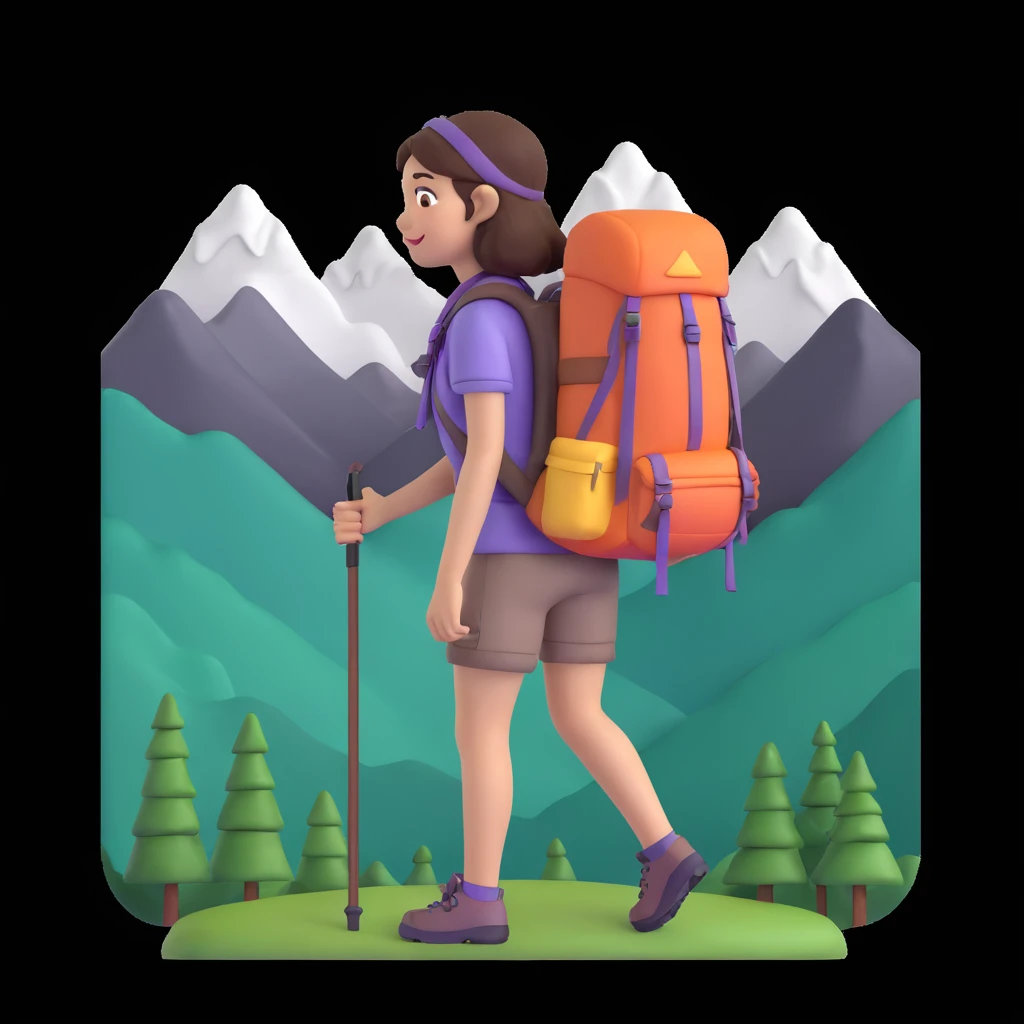 girl back packing mountains in background, close up pose emoji