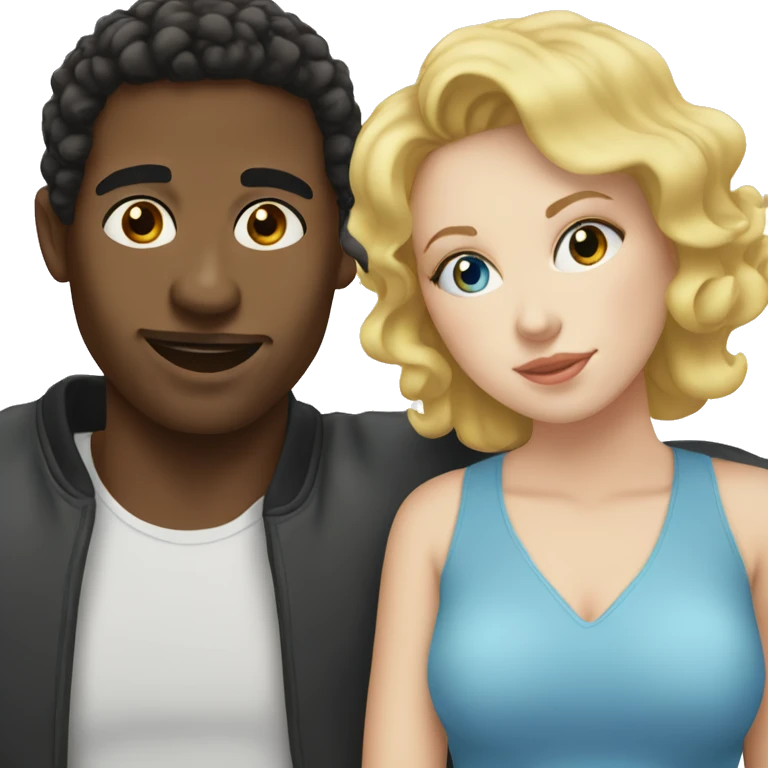 Black man with short Afro kissing white woman with brunette hair and blue eyes emoji
