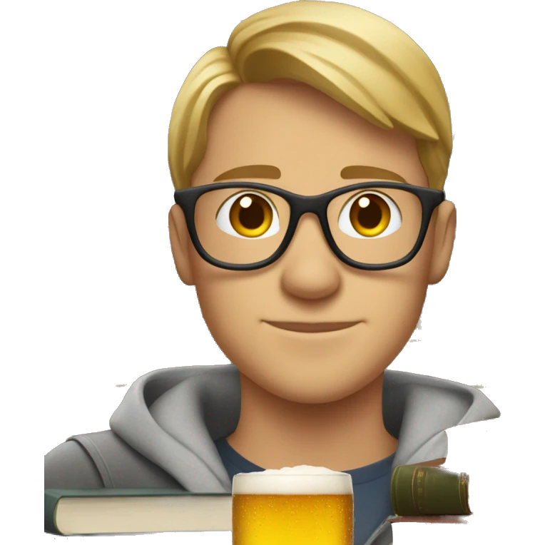 Male student in glasses with books on one side and beer on the other  emoji