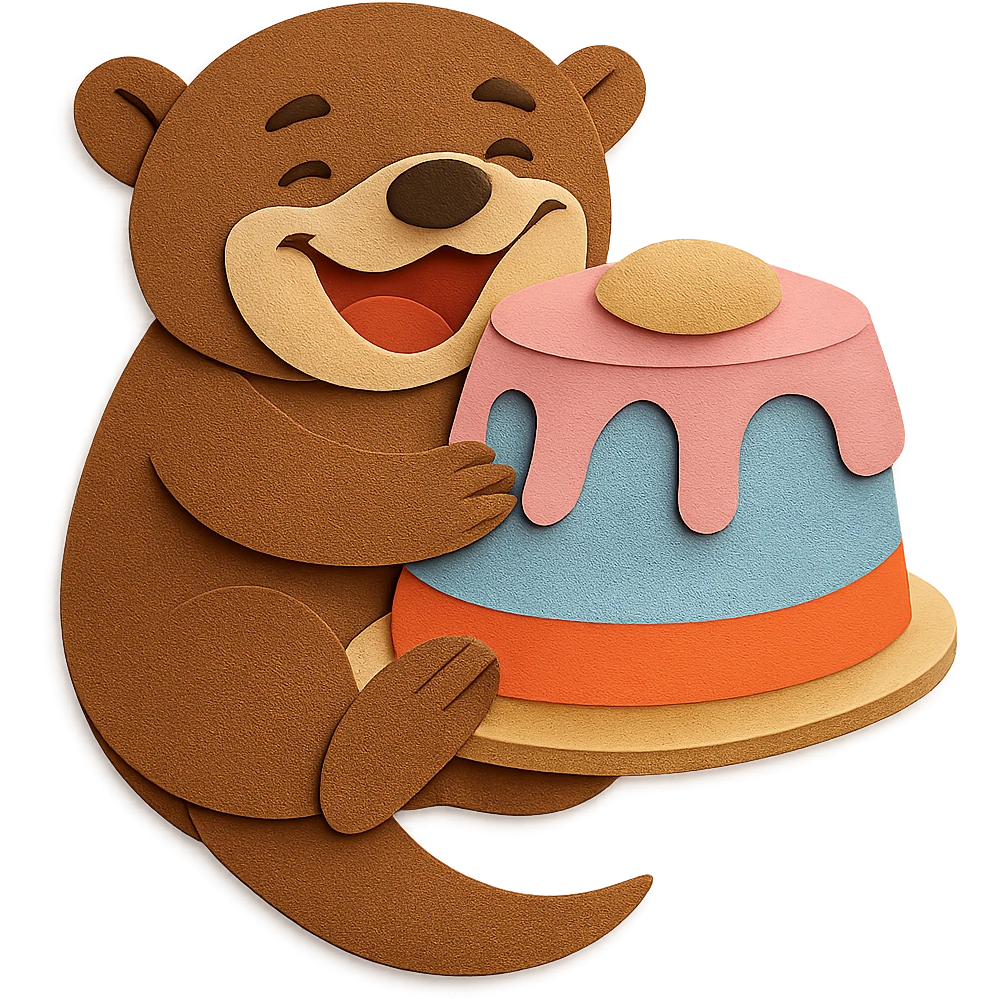 Make the otter and cake a perfect paper-craft design, with crisp layered paper textures and details, while keeping all elements and the transparent background unchanged. emoji