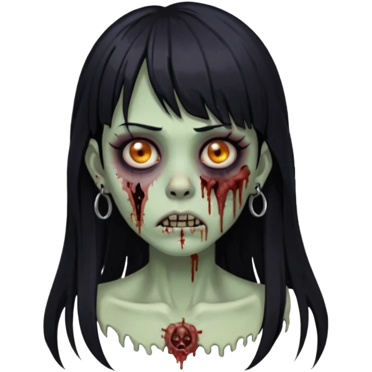 Emoji de zumbi mulher de cabelo comprido preto franja e piercing no septo emoji