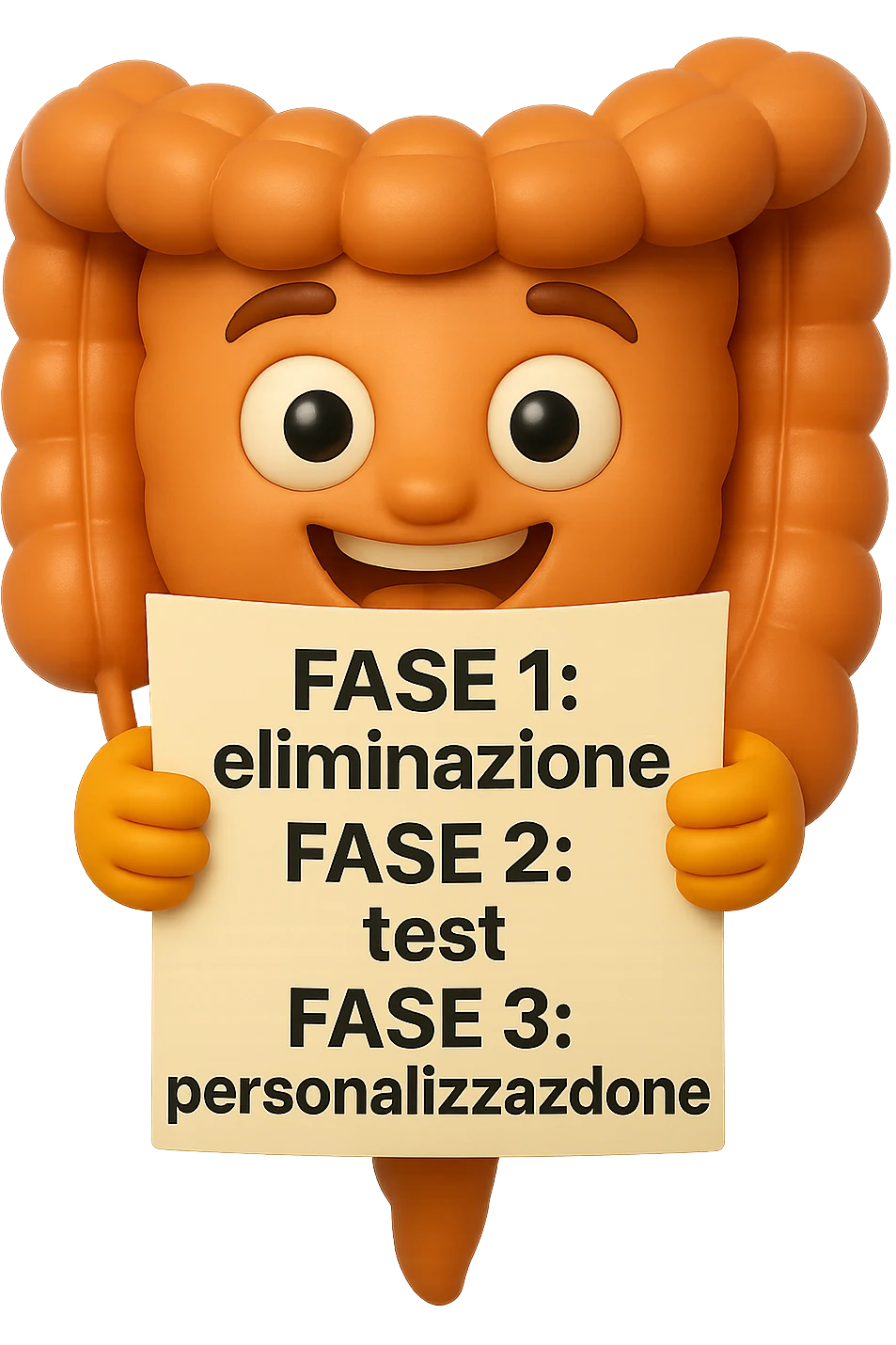 emoji stile iphone 3d di un intestino che tiene in mano un foglio con la scritta "FASE 1: eliminazione, FASE 2: test, FASE 3: personalizzazione, IPERREALISTICO 4K emoji