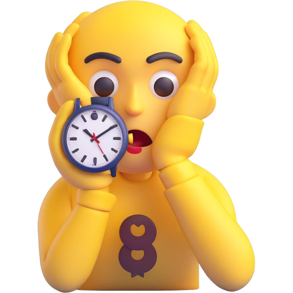 A yellow emoji face with a worried expression, looking at a wristwatch with raised eyebrows, showing urgency and stress emoji