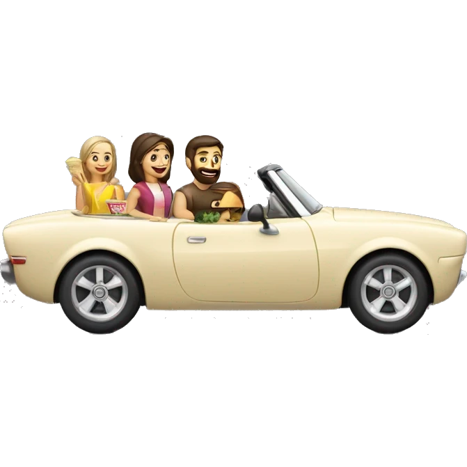 Brunette-bearded man-and-brunette-girl along with 2 boys -roadster-car made of food -driving emoji