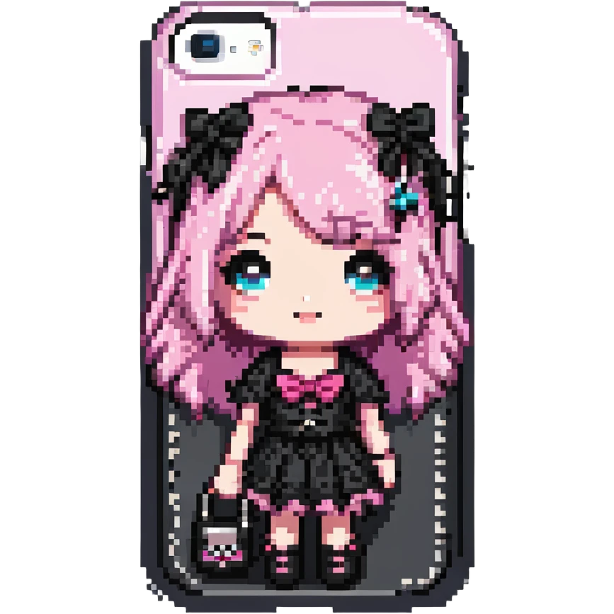 pink and black gothic phone case, pixel art style, cute and chibi, small size, simple details, matches gothic purse emoji