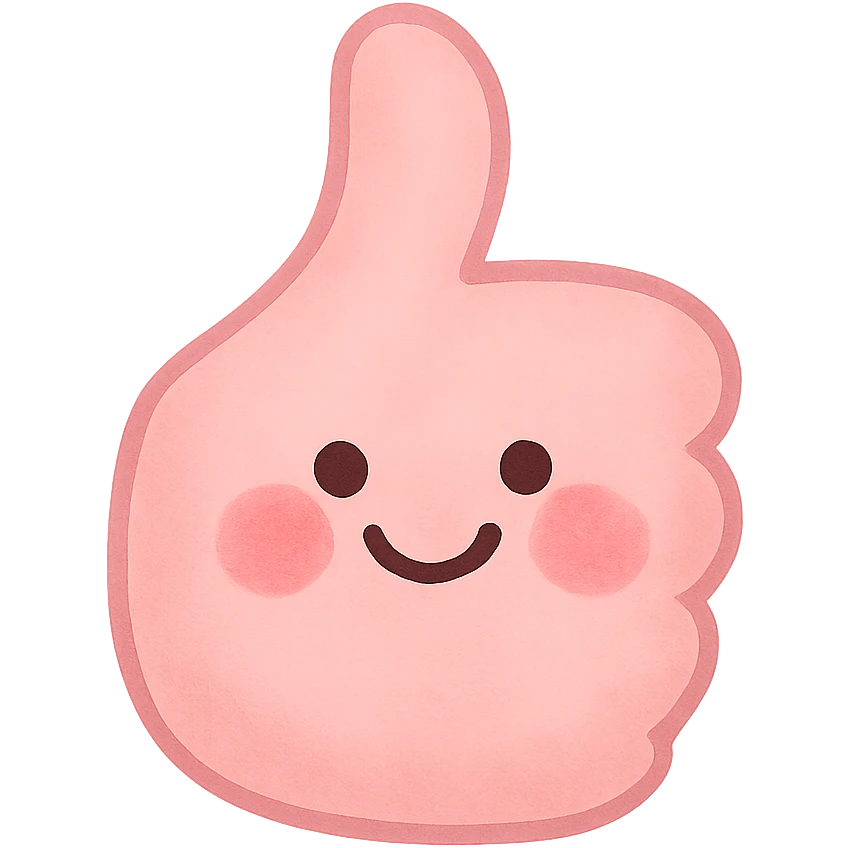 a cute pink thumbs up emoji, hand with a smiling face, blushing cheeks, friendly emoji