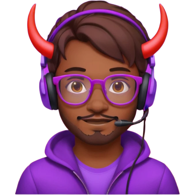 It’s a relaxed selfie of you wearing a glowing gaming headset, glasses, and piercings, lit by red and purple room lights, with a soft, tired-smirk expression brown hair with devil horns and facial hair

 emoji