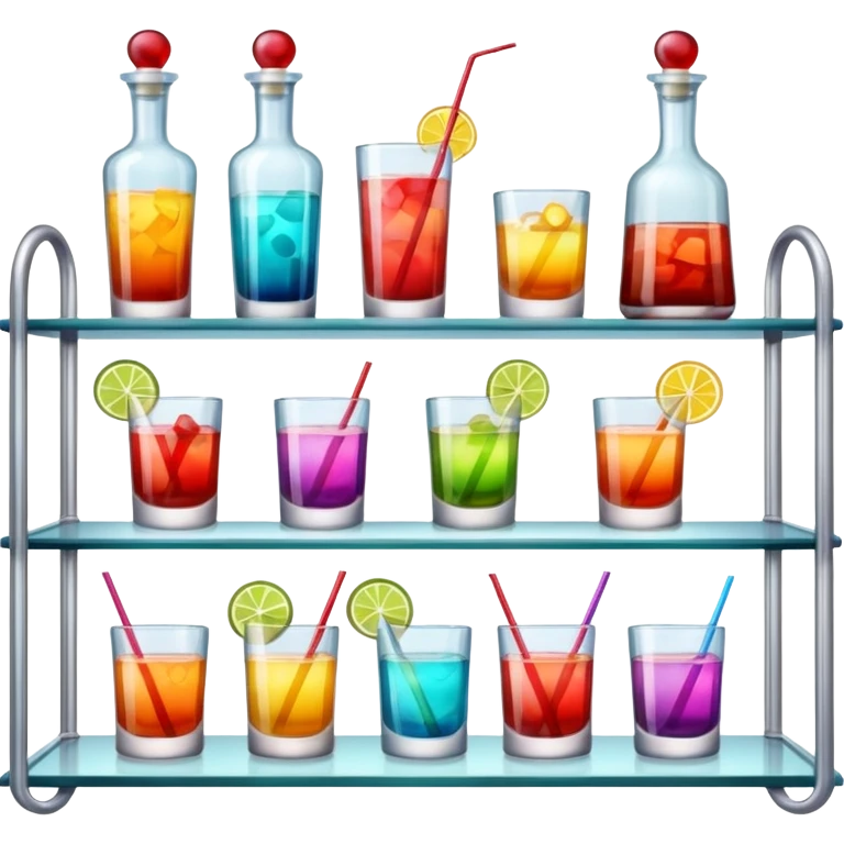 A glass shelf filled with cocktail bottles and fancy drinking glasses.
 emoji