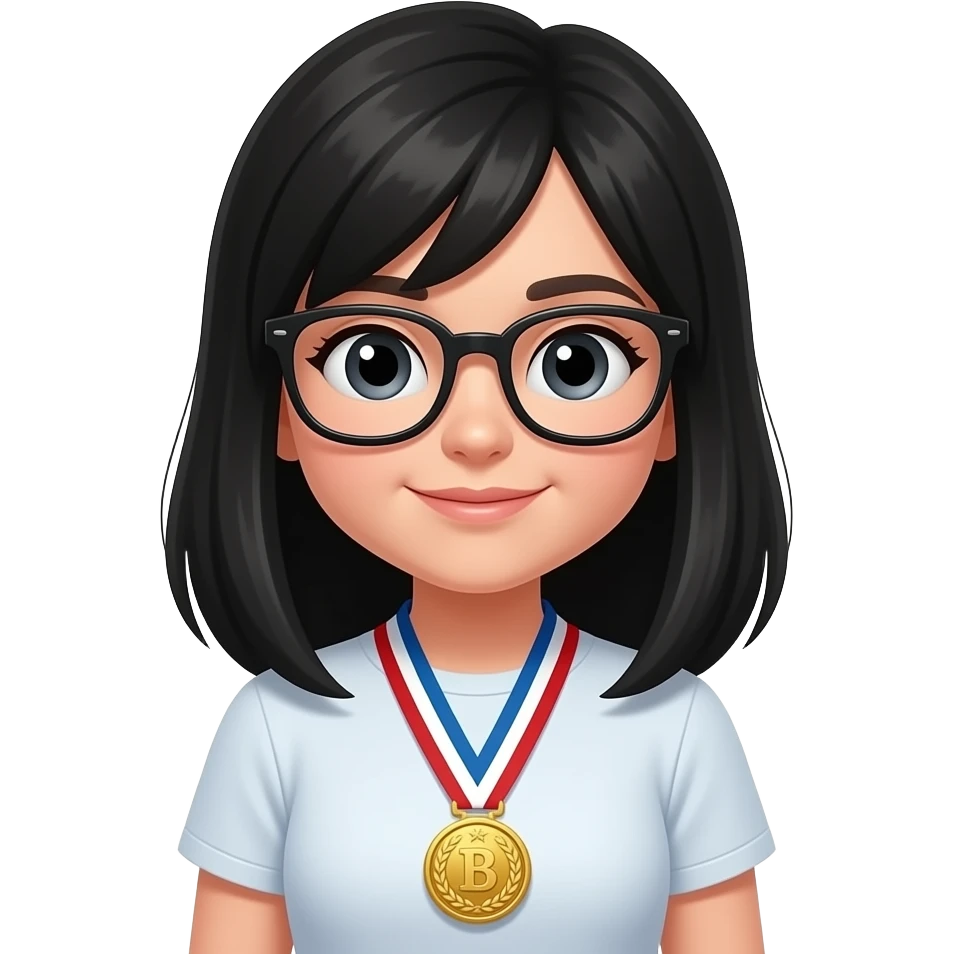 black haired girl wearing glasses with prizes emoji