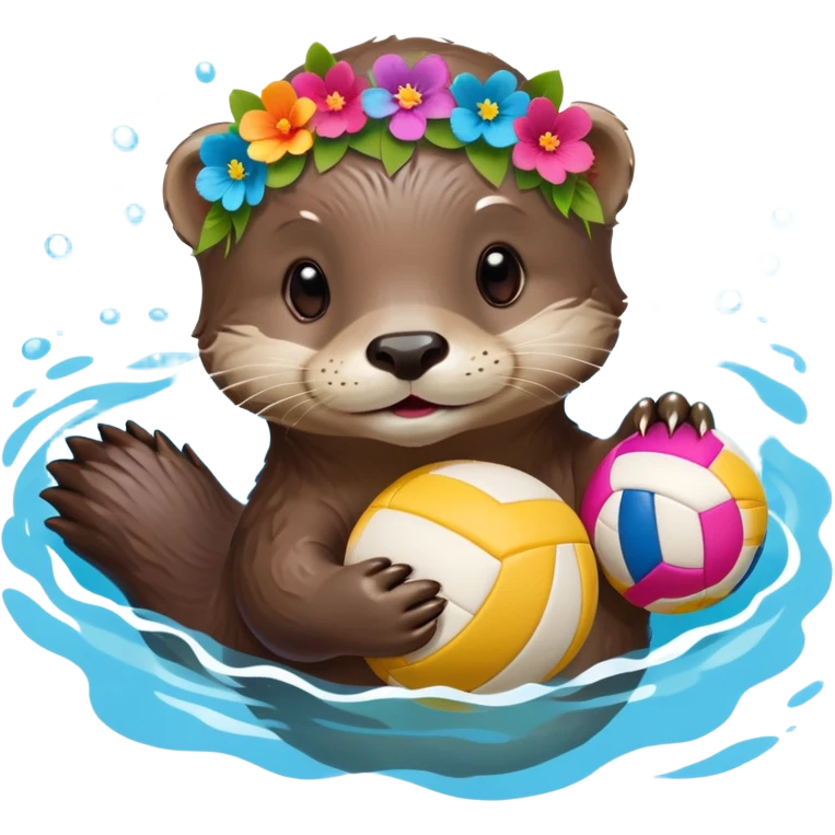 super cute baby otter with a colorful flower crown ring around its head, gentle expression, FLOATING ON EXTREMELY OBVIOUS BRIGHT BLUE WATER with exaggerated large waves, splashes and ripples surrounding the otter, baby otter holding a volleyball with both paws above the very prominent water emoji