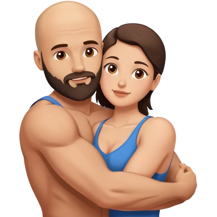 Muscular Bald man with a beard passionately embracing his young brunette wife  emoji