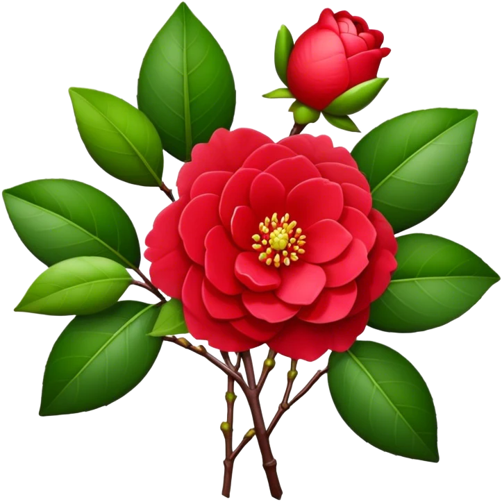 bouquet Red Camellia, luxuriant, stem, leaf, bud emoji