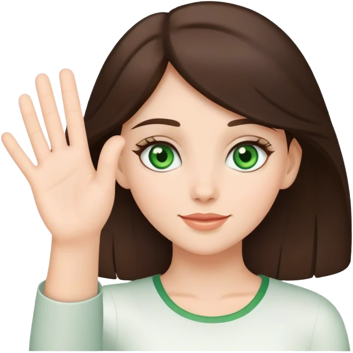 brunette girl with  with green eyes waving greeting with one hand emoji