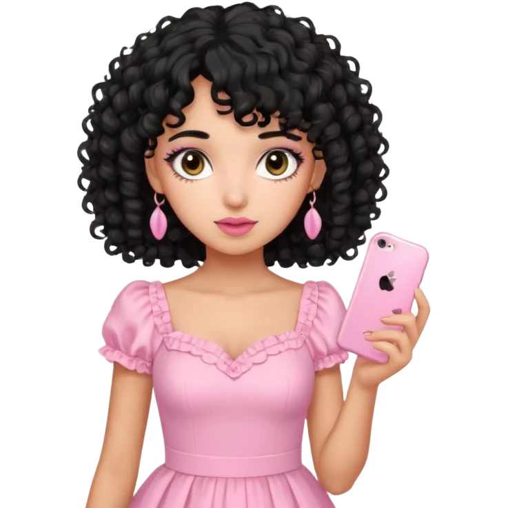 uma menina fofa de pele oliva e cabelos pretos encaracolados e com franja encaracolada e um vestido rosa pastel detalhado e maquiagem levemente rosada enquanto segura um iphone rosa emoji