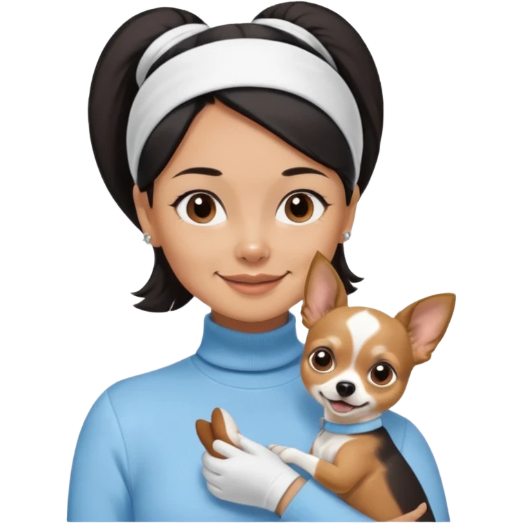 tan skin woman, with short black hair in a slicked back ponytail with forehead showing, with white headband, wearing solid pastel blue turtleneck shirt, smiling carrying dark brown-white long-haired chihuahua dog with brown nose emoji