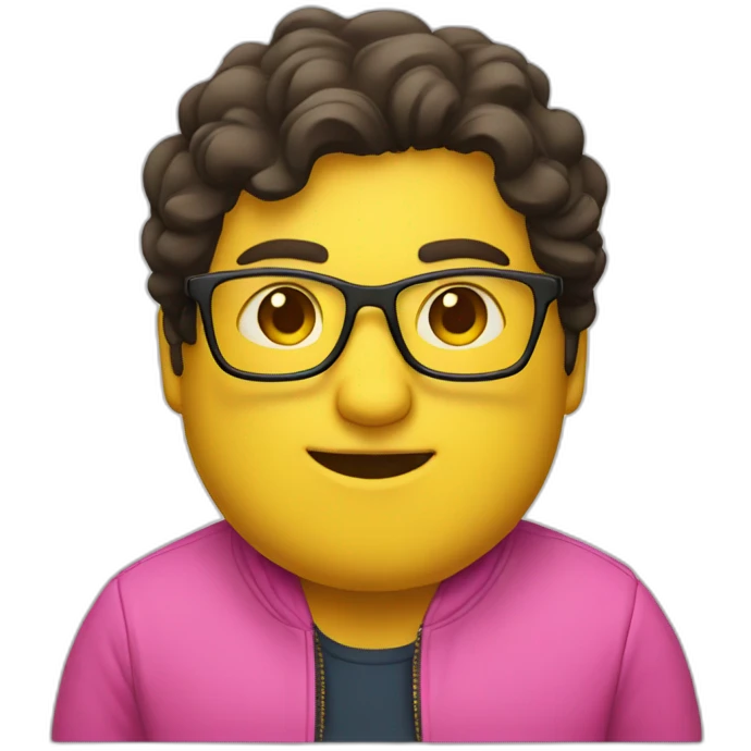 plus-sized man with dark hair, yellow long jacket and pink glasses emoji