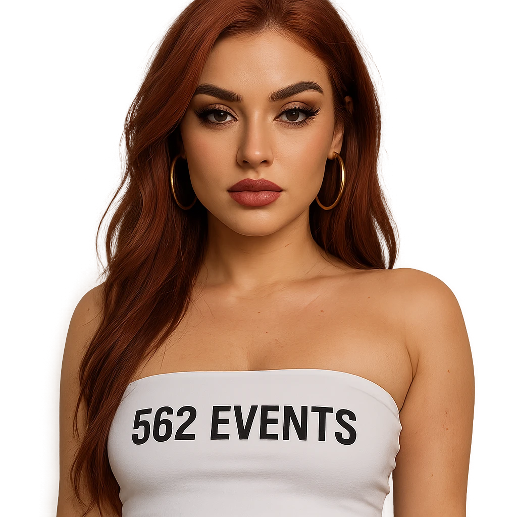realistic baddie, red-haired, in a white tube top with '562 Events' text emoji