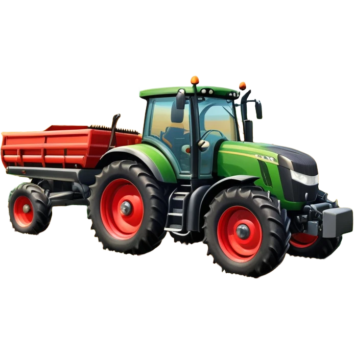 An icon representing a farming simulator, with a detailed tractor plowing fields under a bright sky with bright rural landscape. The design includes farming tools, crops and barns, symbolizing the immersive experience of managing a farm. Transparent background. emoji