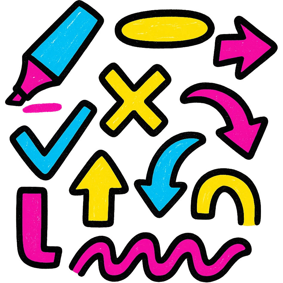 A set of emojis for highlighting text in posts, featuring various markers, arrows, and highlights, in the style of vibrant and colorful icons. emoji