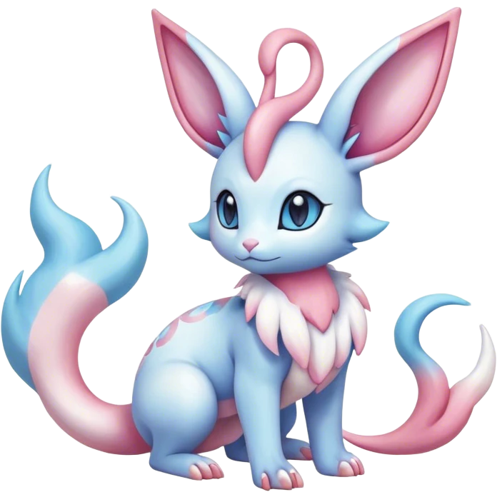Feral Rare Fantasy cute realistic adorable pastel pink light-blue white iridescent Sylveon-Milotic-Vernid-Sergal-hybrid by LiLaiRa, markings, tufted ears, full body emoji