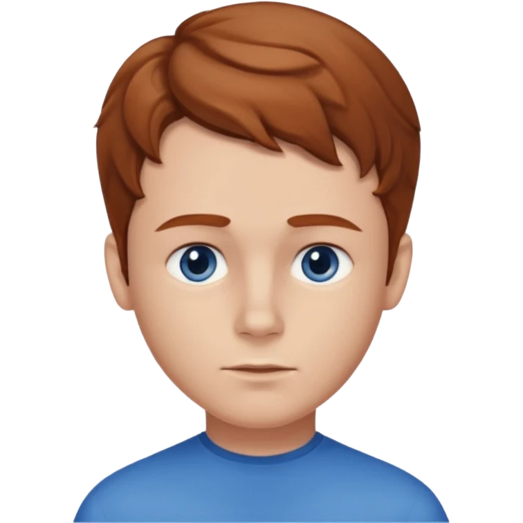 Please generate a portrait of a boy. He has light brown to reddish-brown wavy hair, a right side parting, slightly longer sideburns, blue eyes, a snub nose, and a somewhat pronounced pout. emoji