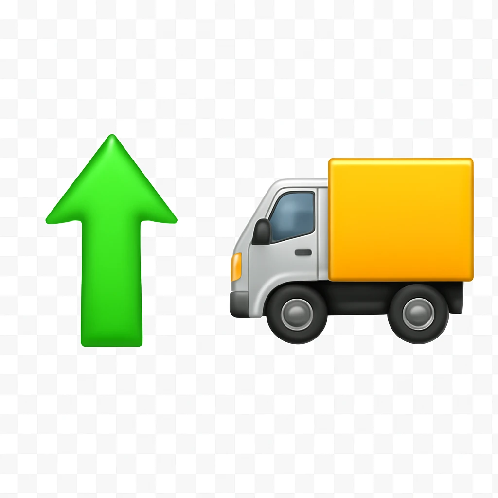 Edit the image to have two clearly separated elements on a transparent background: on the left, a single green upward arrow in Apple-style emoji; on the right, a delivery truck in Apple-style emoji style. Maintain the distinct separation and clarity of both elements. emoji
