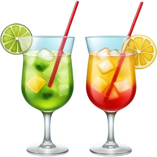 Create an emoji of two cocktails cheers action, one glass of green and yellow color and one glass of blue and red, without any fruit emoji
