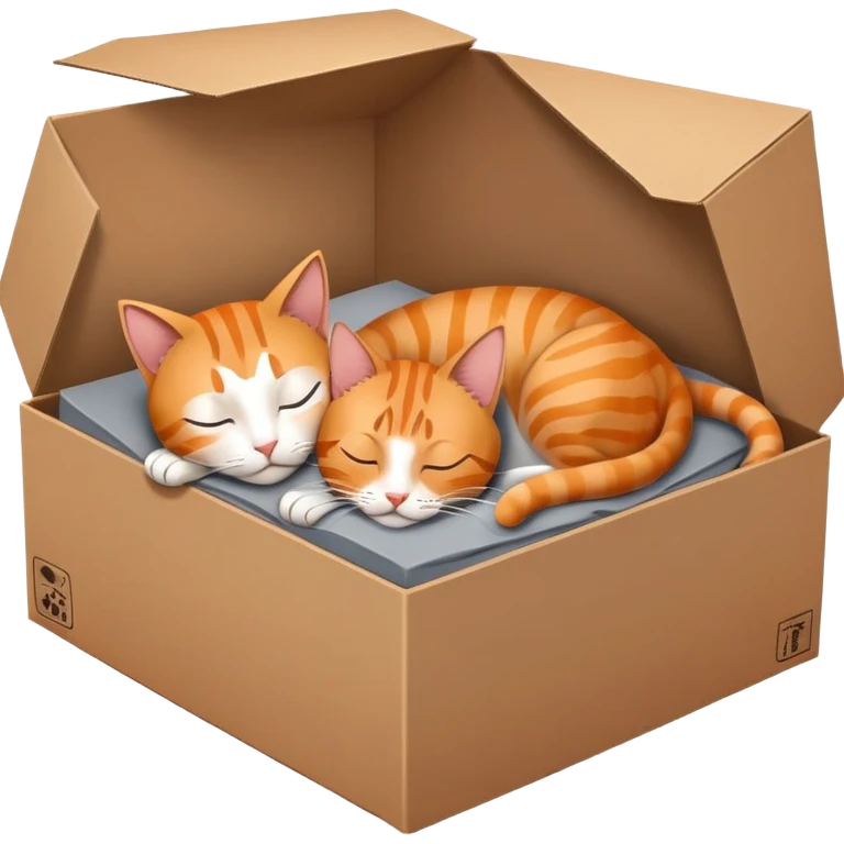 a cardboard box with two cats in it: one cat is alive and awake, and one cat is asleep to symbolise schrodinger's cat.  emoji
