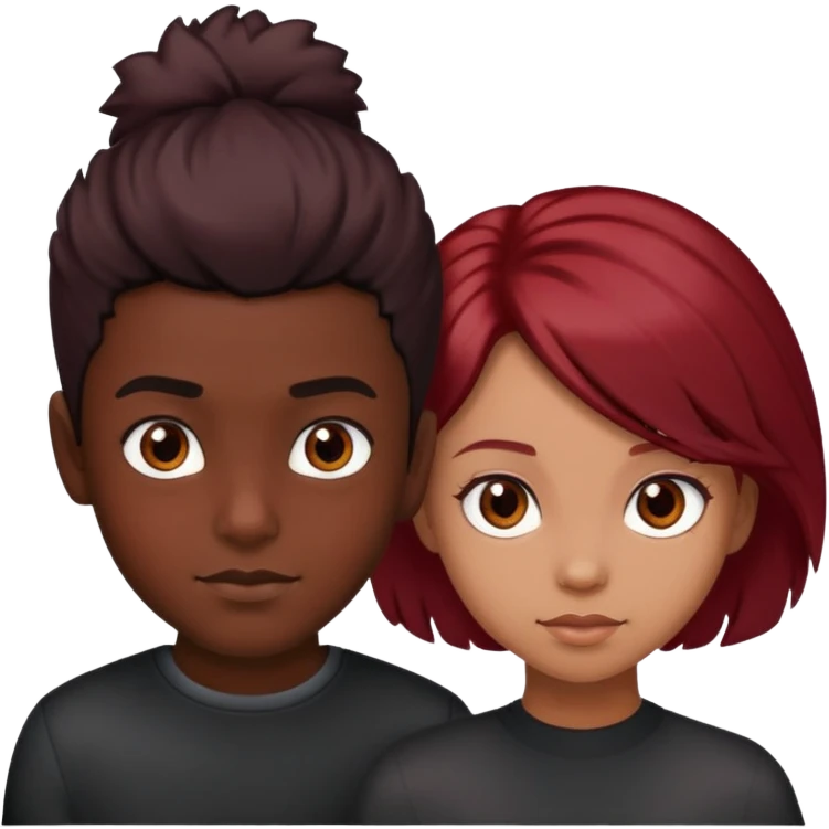 boy with black coil hair, dark skin, brown eyes, girl with dark red hair, light skin, brown eyes emoji