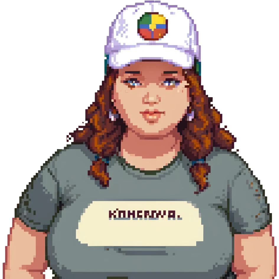 A plus-size woman with a cap that says "Komarova", make her even more plus-size. emoji