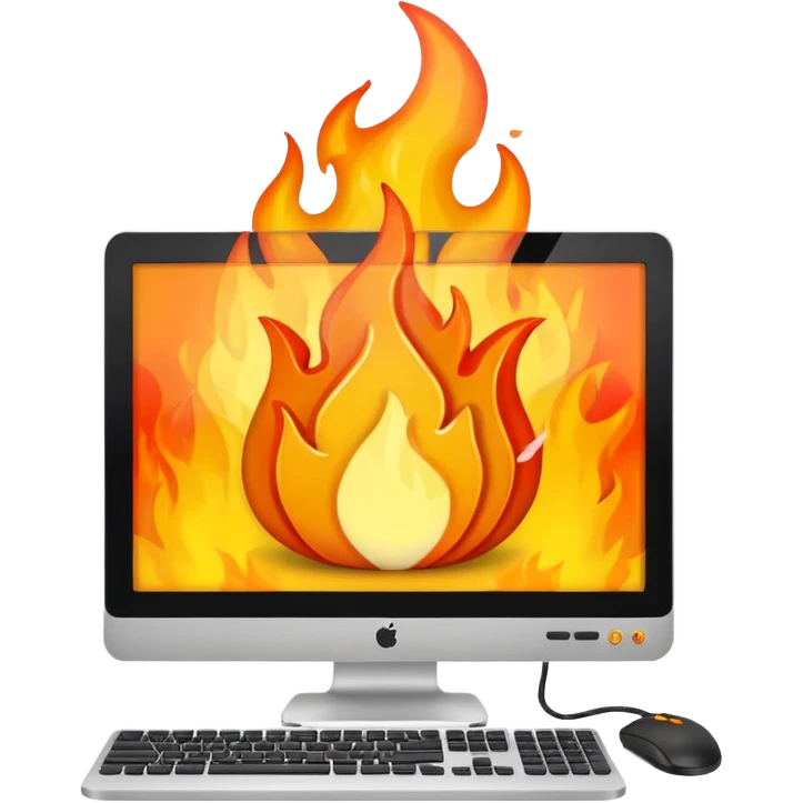 desktop PC with flames coming out emoji