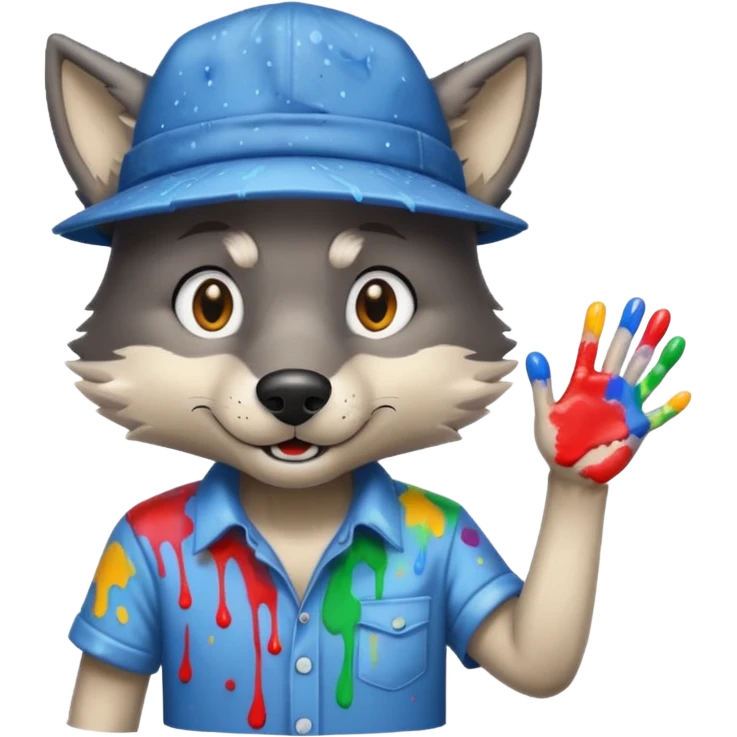 Wolf cartoon shaking hand wering hat and paint shirt children version  emoji