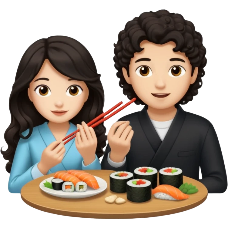 czarnowłosa ksieżniczka w dlugich wlosach je sushi z chłopakiem o czarno brązowych kręconych włosach i są zadowoleni i są nastolatkami i te włosy są lekko krecone emoji