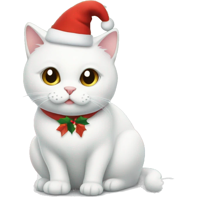 A white cat is sitting under the Christmas tree emoji