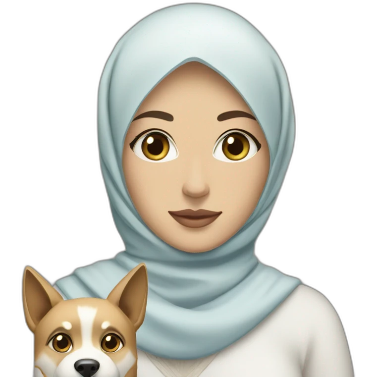 A Moroccan woman with black eyes, wearing hijab, with a dog in her arms being a blond husky with blue eyes, iPhone ios style emoji emoji