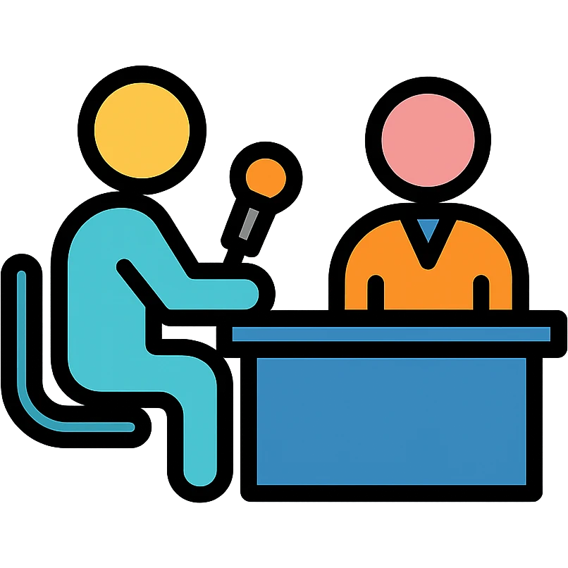 two people at a desk, one interviewing the other, minimal flat style emoji