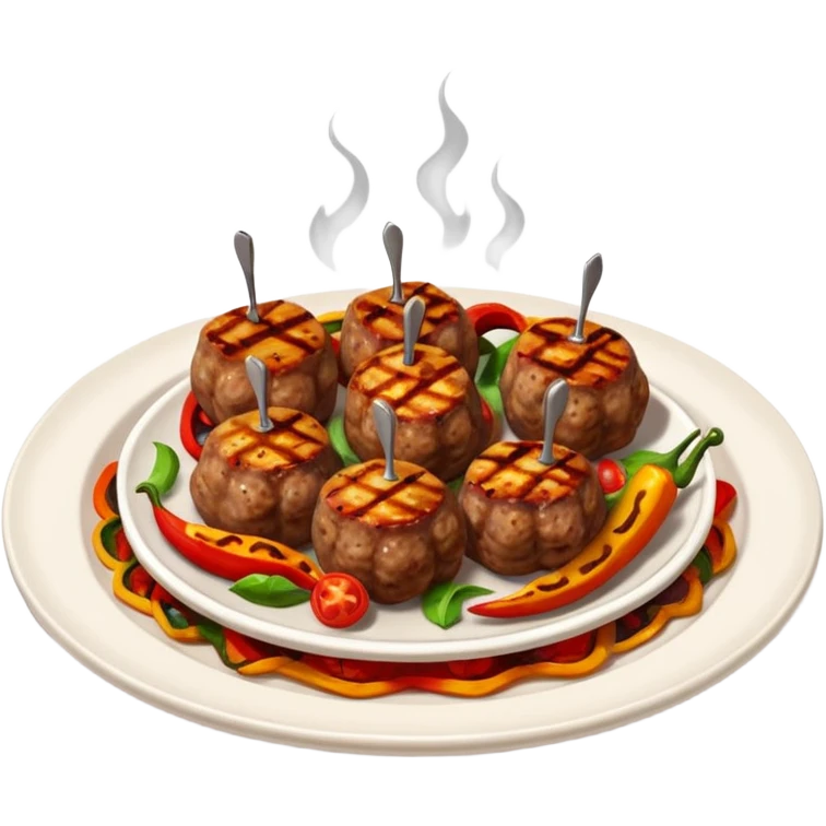 Akçaabat meatballs object icon, grilled Turkish kofte pieces on a plate, smoky char marks, juicy texture, served with grilled peppers and tomatoes, 3D cartoon, mobile game icon style, centered, clean background, no text, no watermark
 emoji