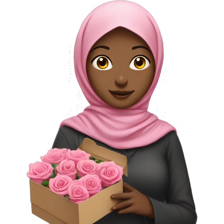 girl with pink hijab holding box and three roses emoji