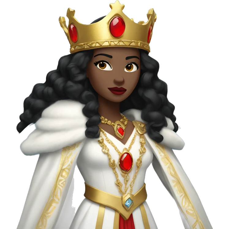 Queen with pale skin, icy blue eyes, bright red lips, long black hair, gold crown, and white robes. emoji