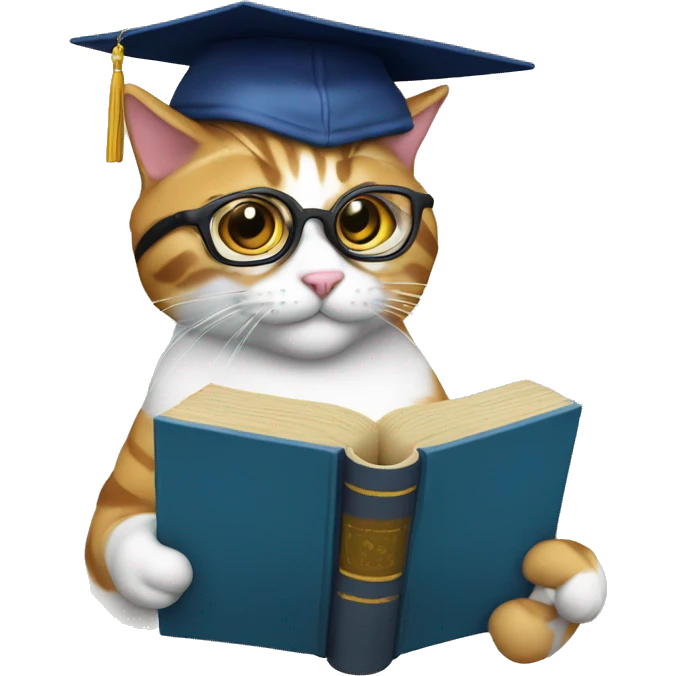 A learned cat with a book, glasses and a graduate hat emoji
